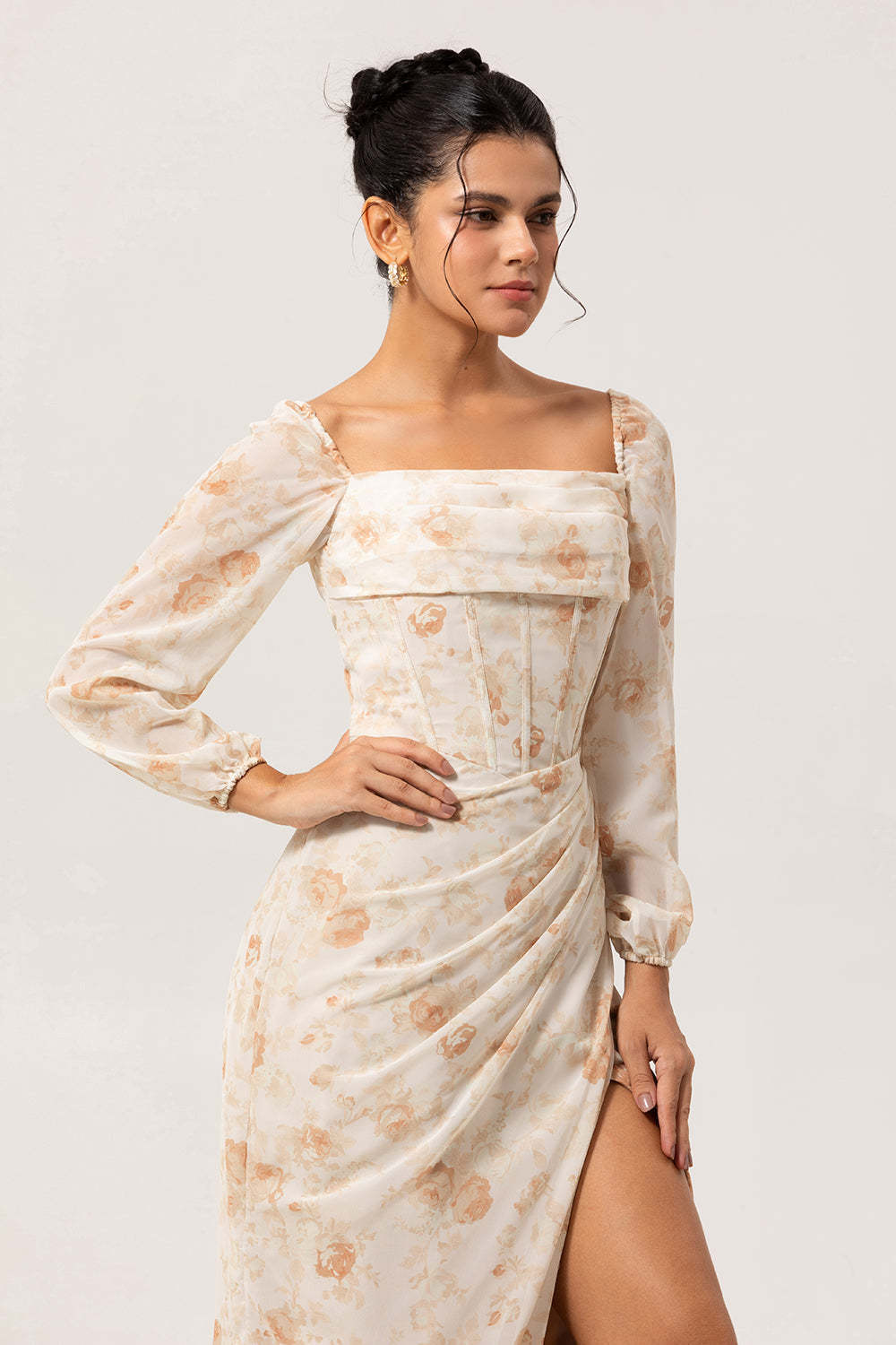 Yellow Floral Corset Long Sleeves Bridesmaid Dress with Slit