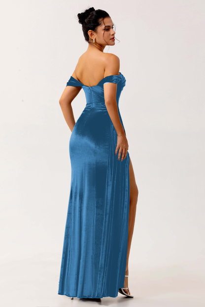 Peacock Green Corset Ruched Off the Shoulder Long Bridesmaid Dress with Slit
