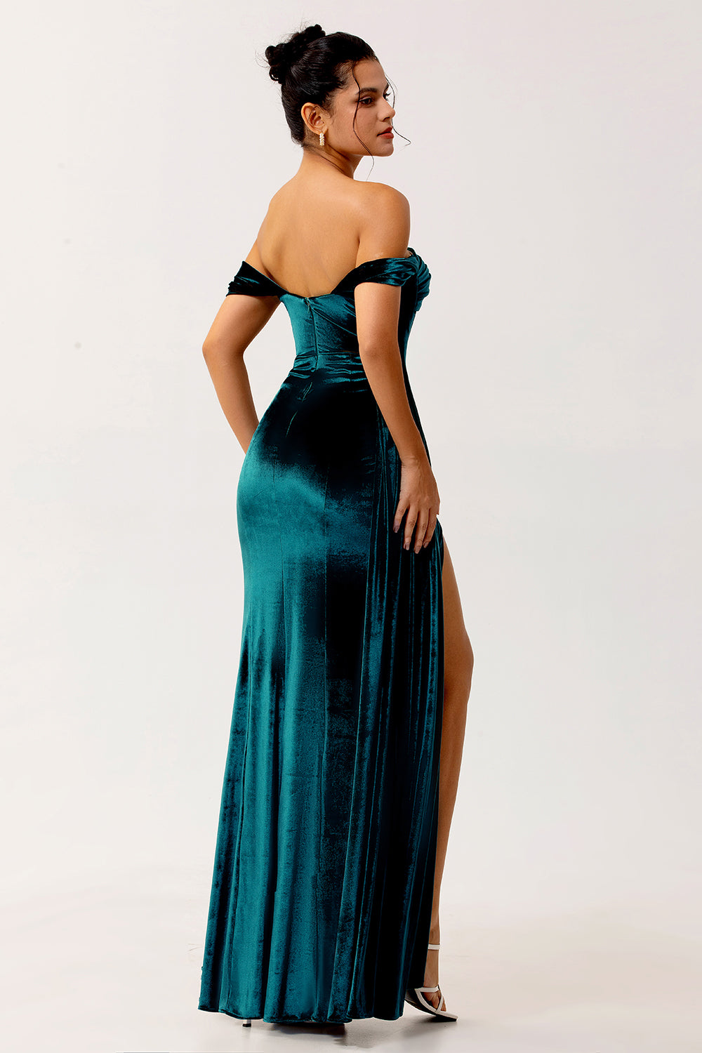 Peacock Green Corset Ruched Off the Shoulder Long Bridesmaid Dress with Slit