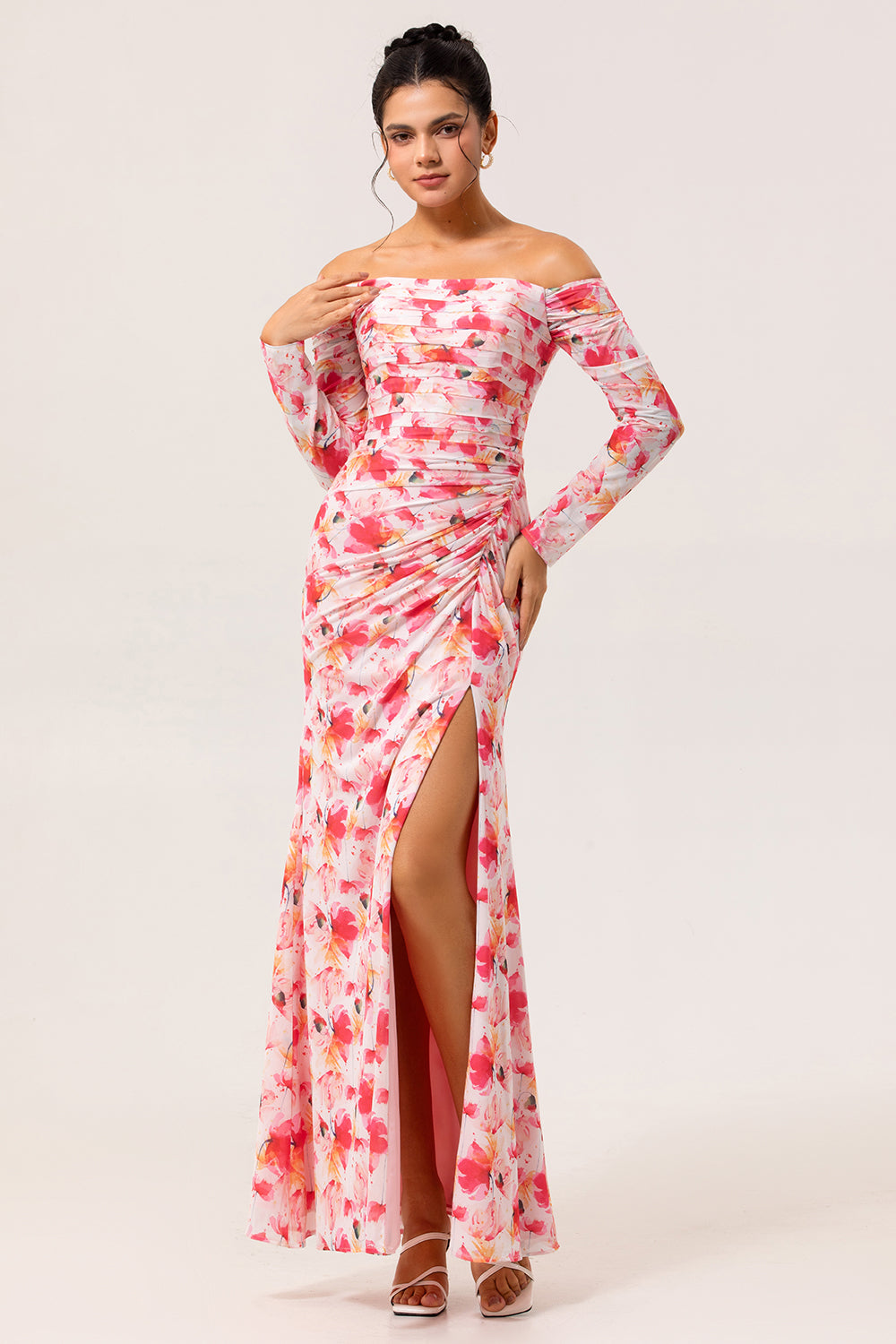 Pink Floral Ruched Long Sleeves Bridesmaid Dress with Slit