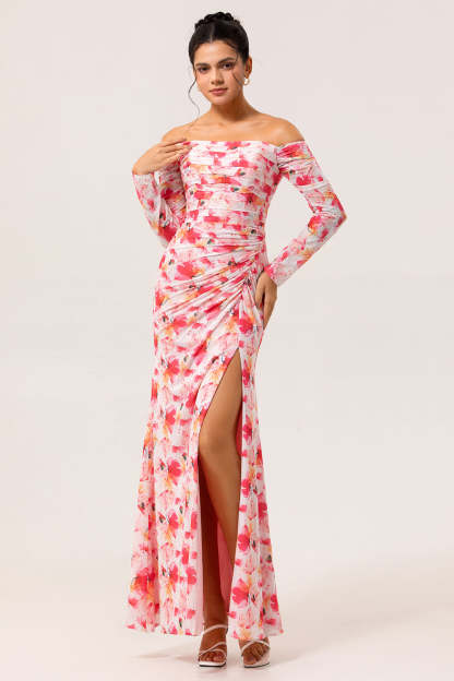 Leely Women Pink Floral Maxi Bridesmaid Dress with Slit Ruched Off the Shoulder Wedding Guest Dress with Sleeves