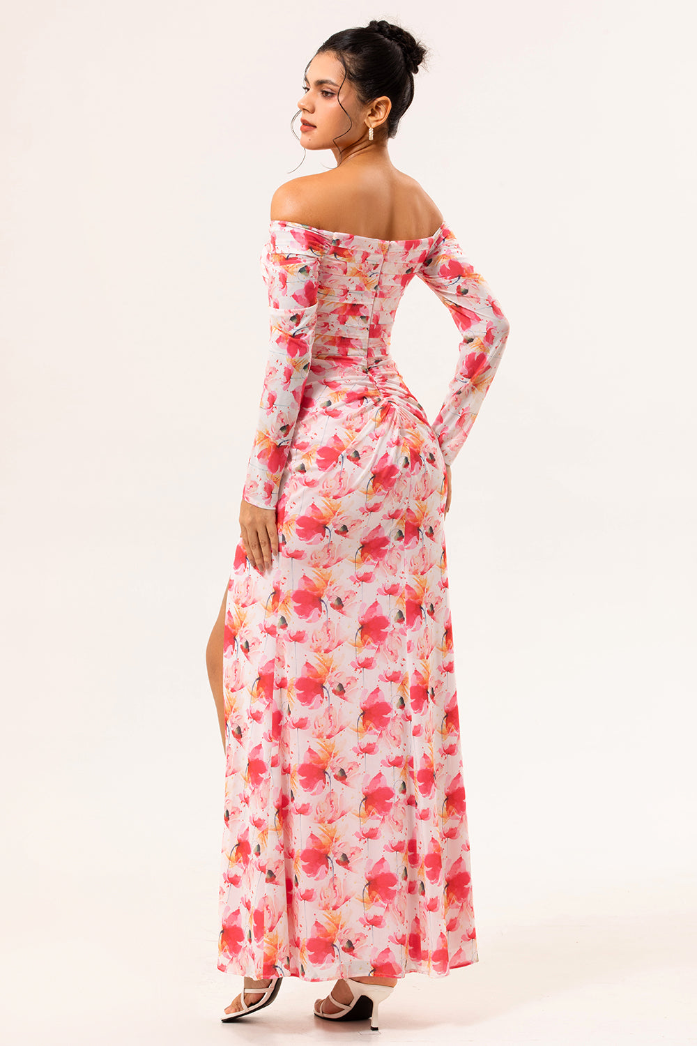 Pink Floral Ruched Long Sleeves Bridesmaid Dress with Slit