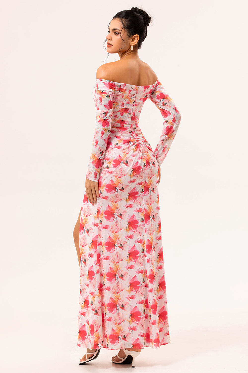 Pink Floral Ruched Long Sleeves Bridesmaid Dress with Slit