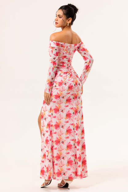 Pink Floral Ruched Long Sleeves Bridesmaid Dress with Slit