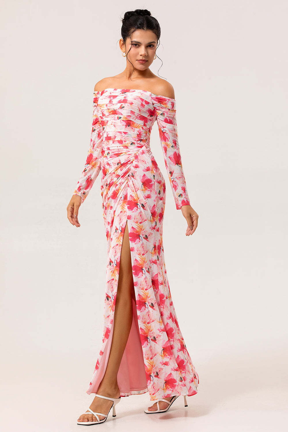Pink Floral Ruched Long Sleeves Bridesmaid Dress with Slit
