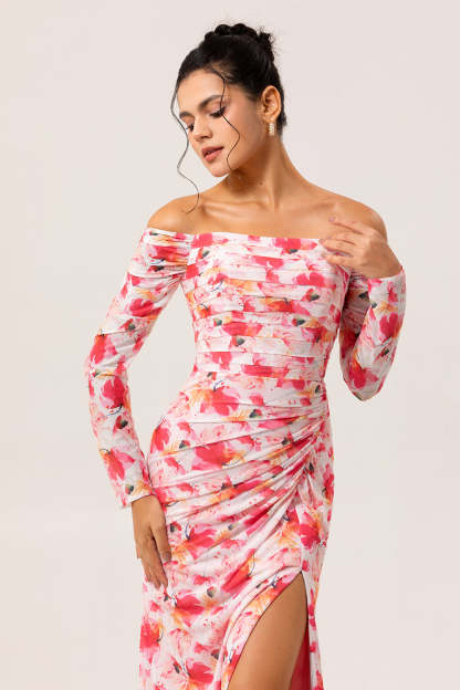 Pink Floral Ruched Long Sleeves Bridesmaid Dress with Slit