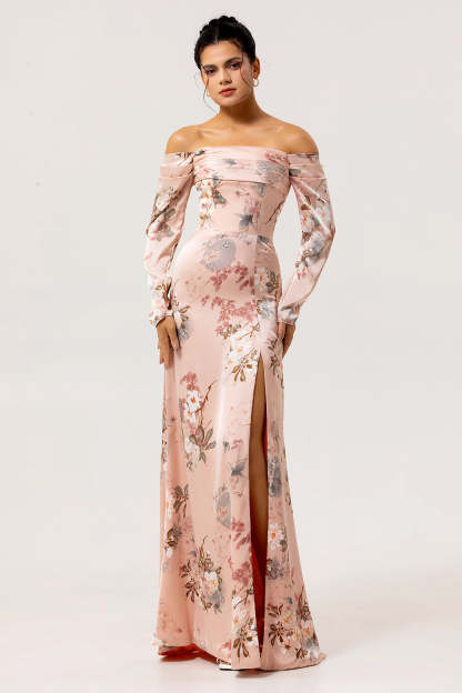 Leely Women Blush Satin Floral Long Bridesmaid Dress with Slit Sheath Off the Shoulder Wedding Guest Dress with Sleeves