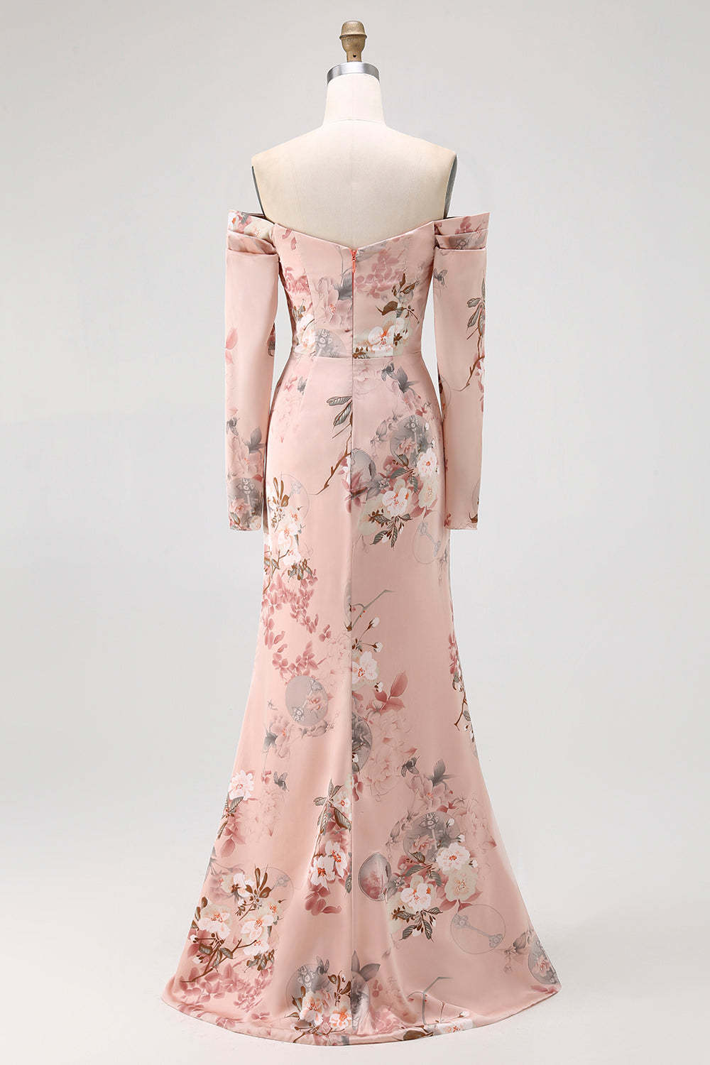 Blush Floral Satin Off the Shoulder Maxi Bridesmaid Dress with Slit