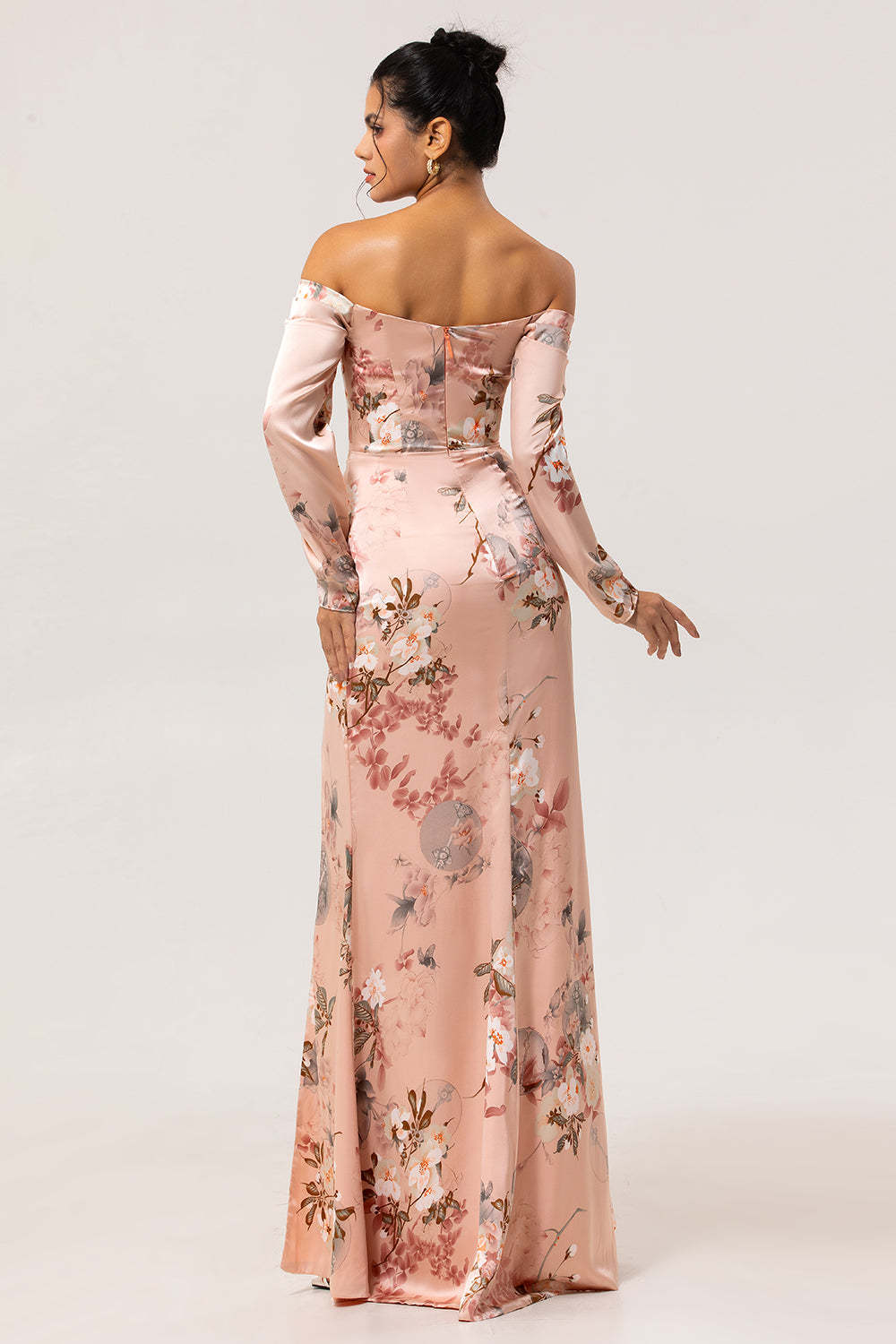 Blush Satin Floral Long Sleeves Bridesmaid Dress with Slit