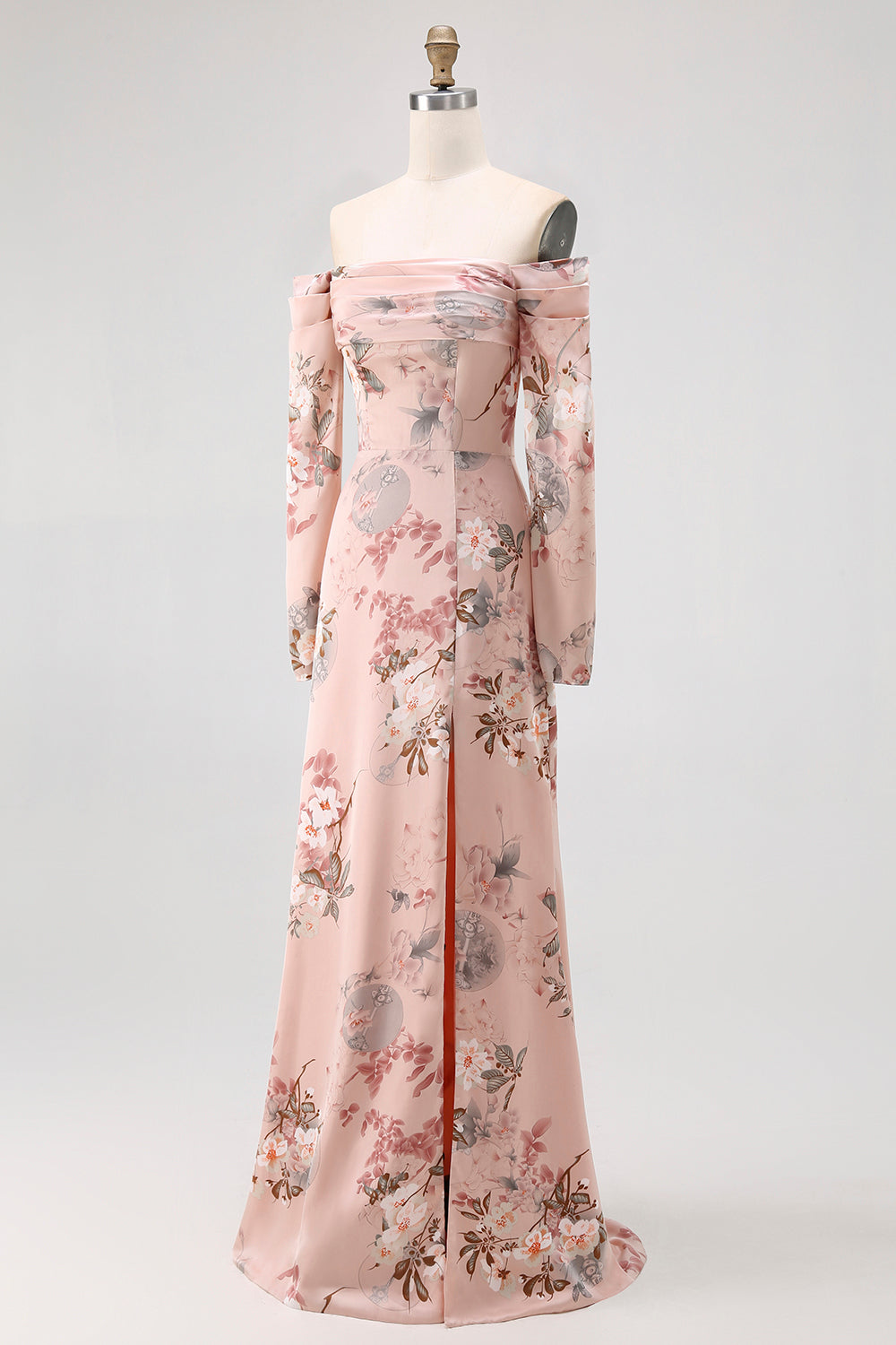 Blush Floral Satin Off the Shoulder Maxi Bridesmaid Dress with Slit