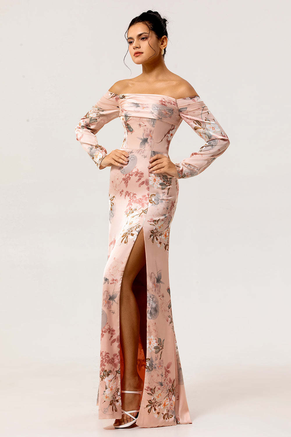 Blush Satin Floral Long Sleeves Bridesmaid Dress with Slit