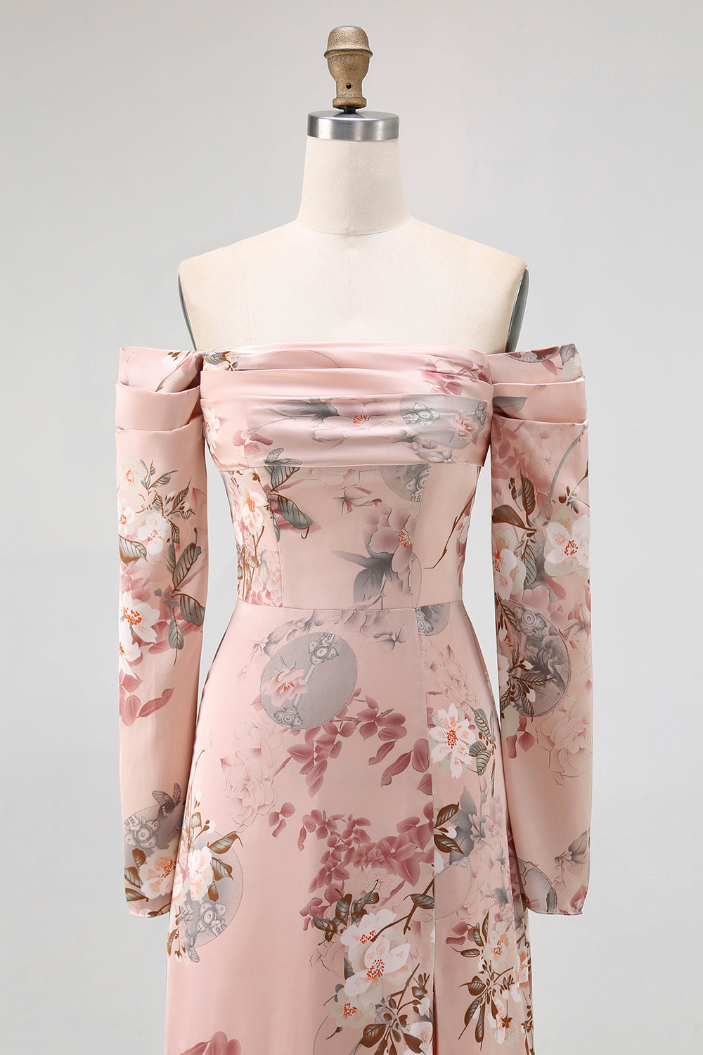 Blush Floral Satin Off the Shoulder Maxi Bridesmaid Dress with Slit