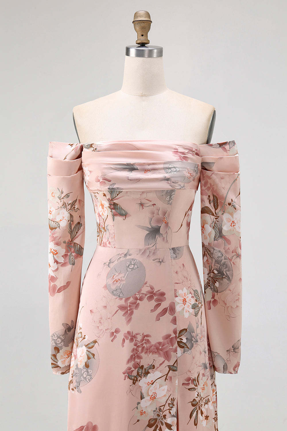 Blush Floral Satin Off the Shoulder Maxi Bridesmaid Dress with Slit