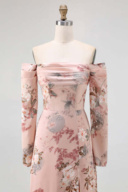 Blush Floral Satin Off the Shoulder Maxi Bridesmaid Dress with Slit