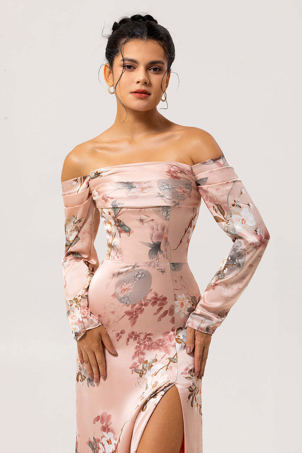 Blush Satin Floral Long Sleeves Bridesmaid Dress with Slit