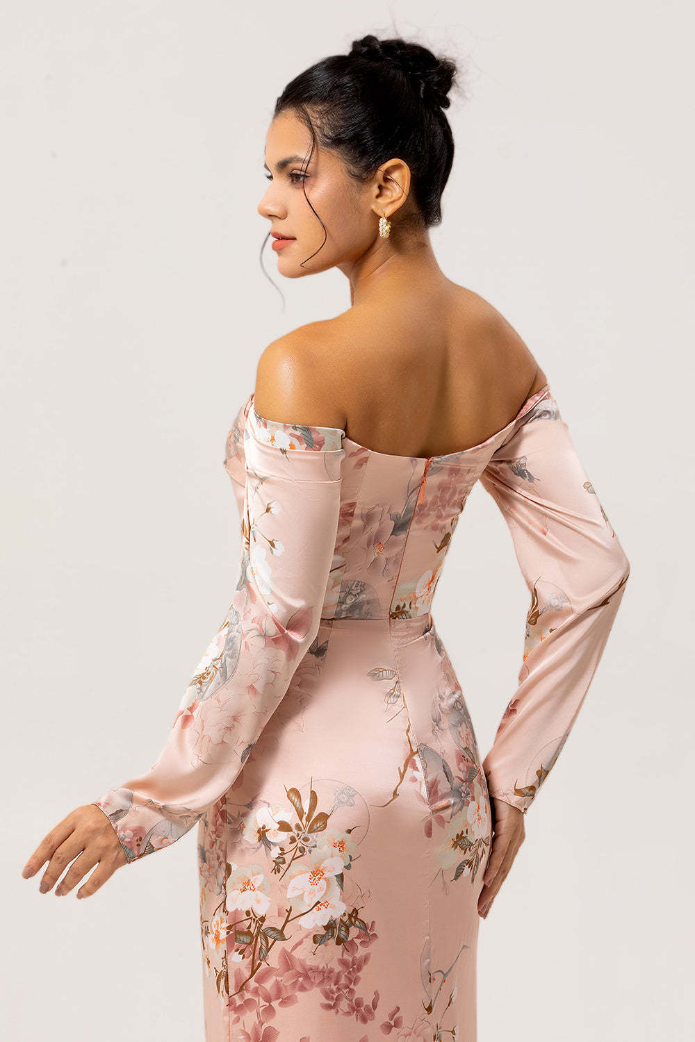 Blush Satin Floral Long Sleeves Bridesmaid Dress with Slit
