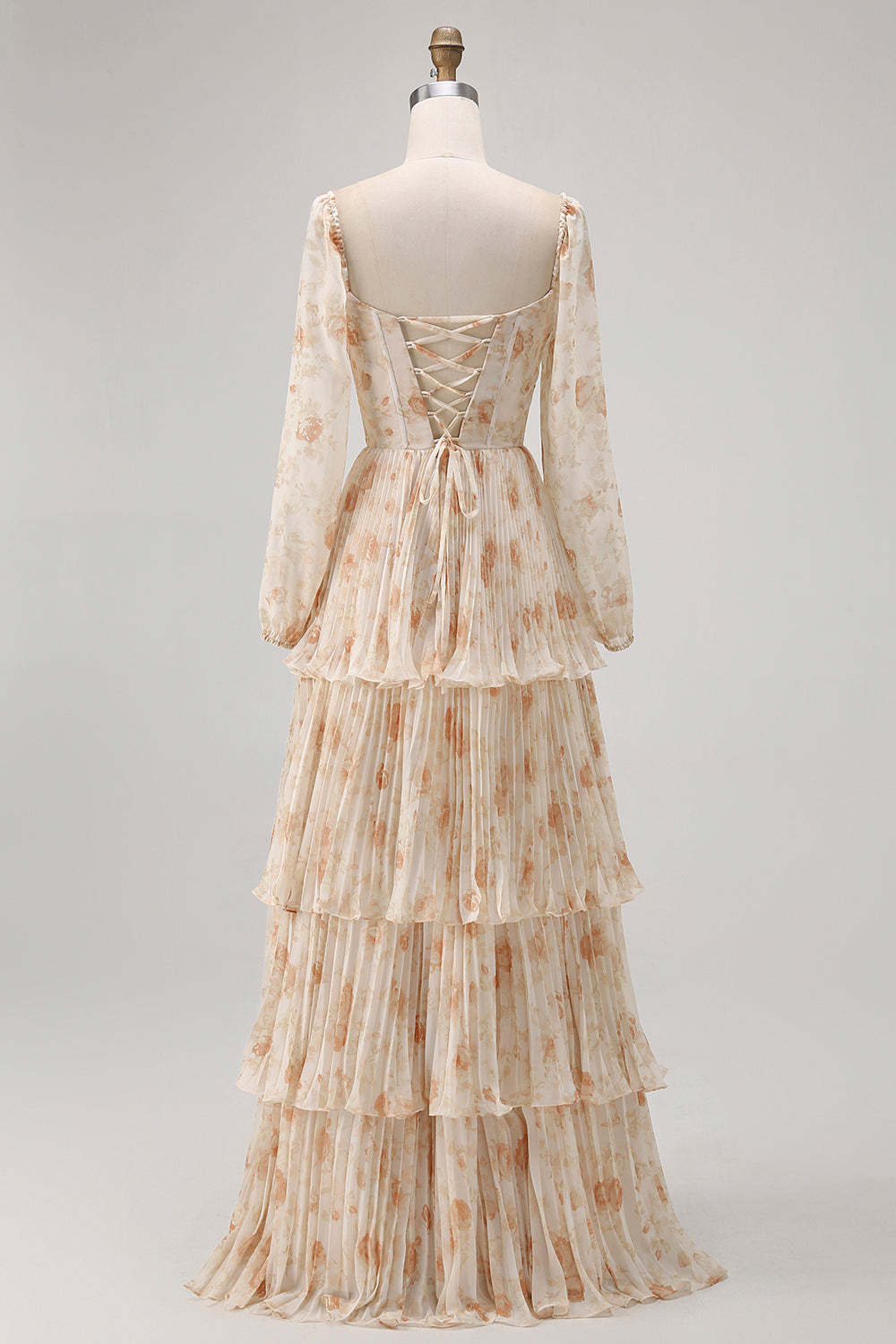 Champagne Corset Floral Tiered Long Bridesmaid Dress with Sleeves