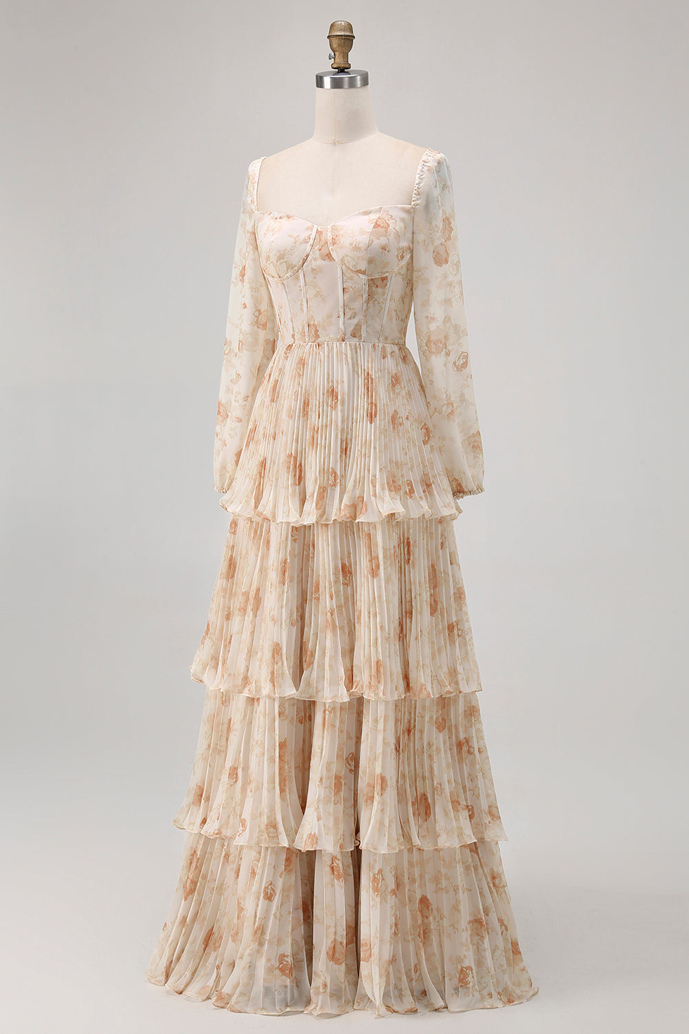 Champagne Corset Floral Tiered Long Bridesmaid Dress with Sleeves