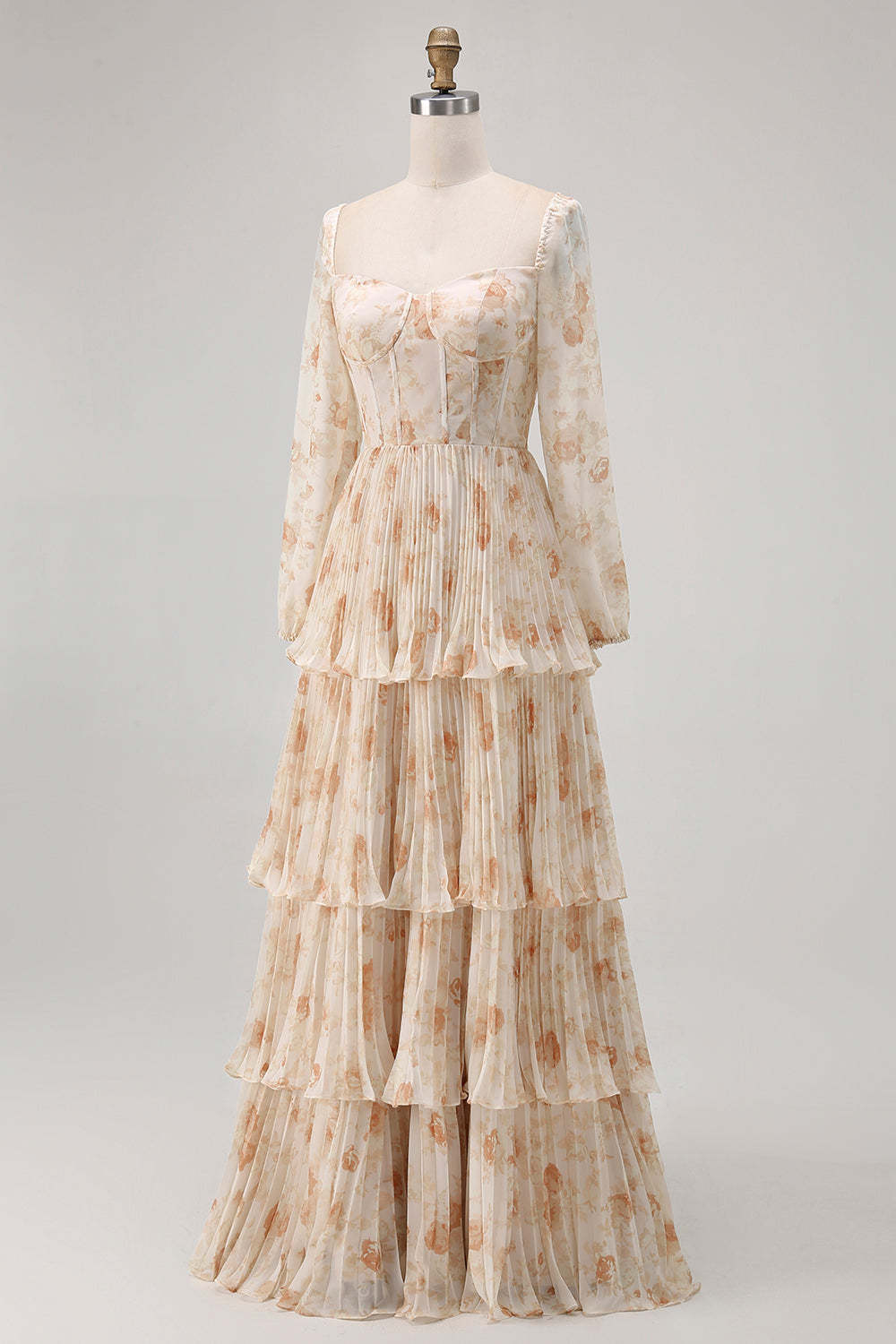 Champagne Corset Floral Tiered Long Bridesmaid Dress with Sleeves