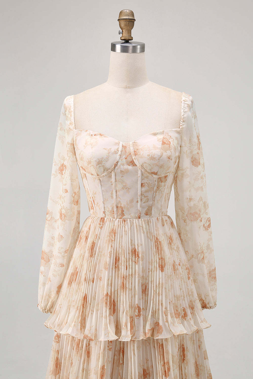 Champagne Corset Floral Tiered Long Bridesmaid Dress with Sleeves