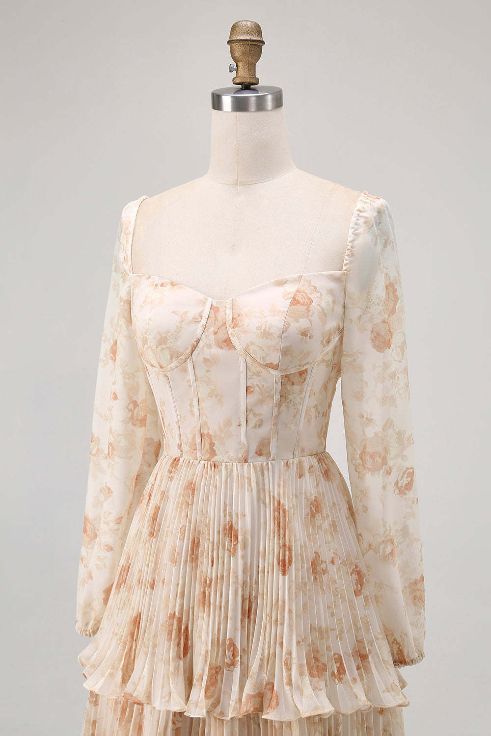 Champagne Corset Floral Tiered Long Bridesmaid Dress with Sleeves