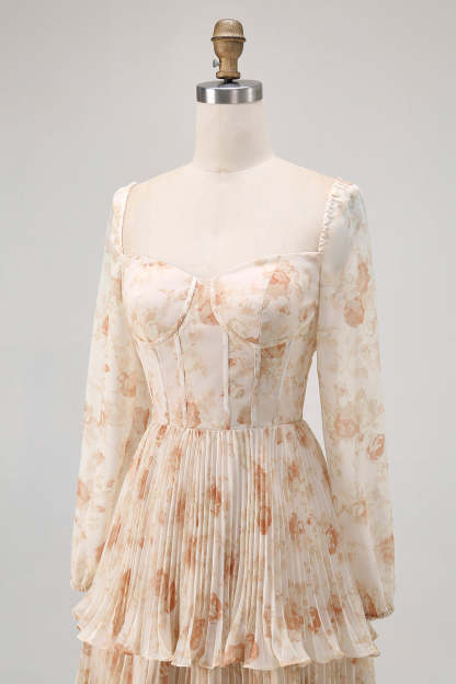 Champagne Corset Floral Tiered Long Bridesmaid Dress with Sleeves