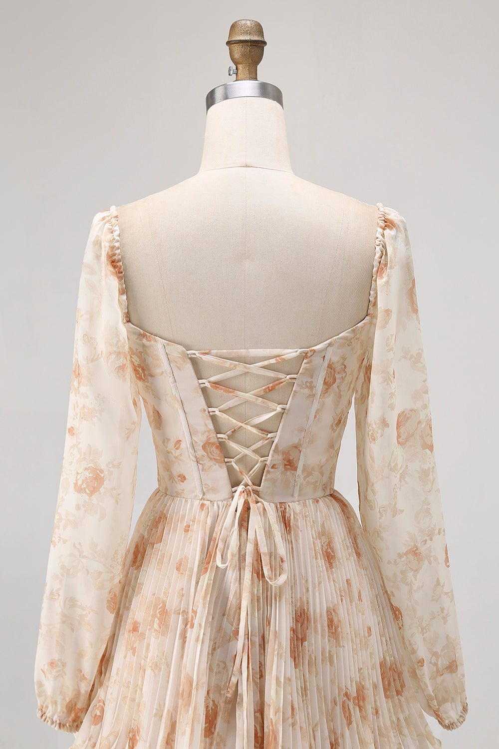 Champagne Corset Floral Tiered Long Bridesmaid Dress with Sleeves