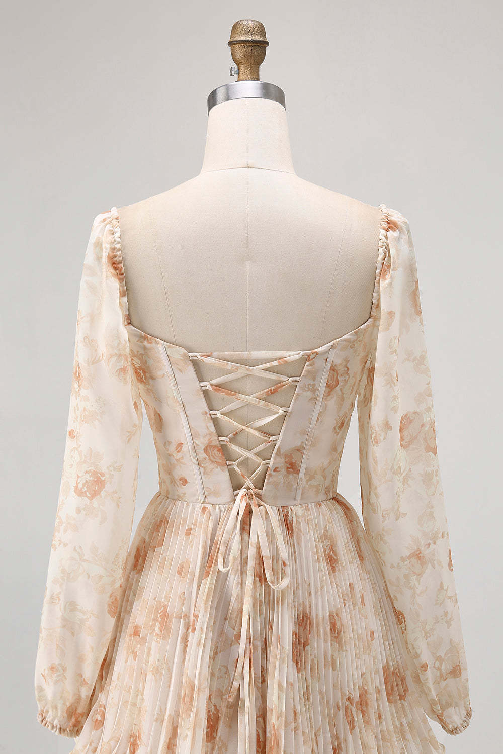 Champagne Corset Floral Tiered Long Bridesmaid Dress with Sleeves