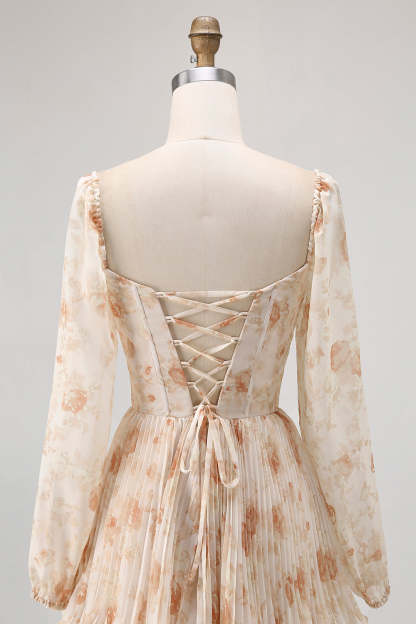 Champagne Corset Floral Tiered Long Bridesmaid Dress with Sleeves