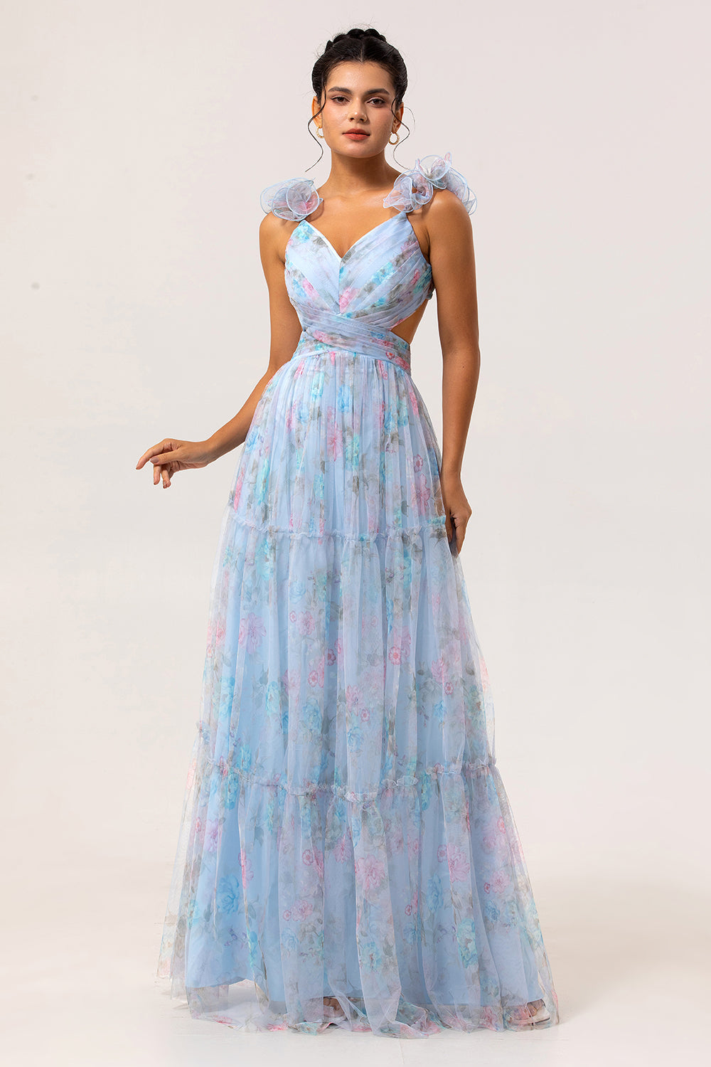 Blue A Line V-Neck Floral Long Bridesmaid Dress