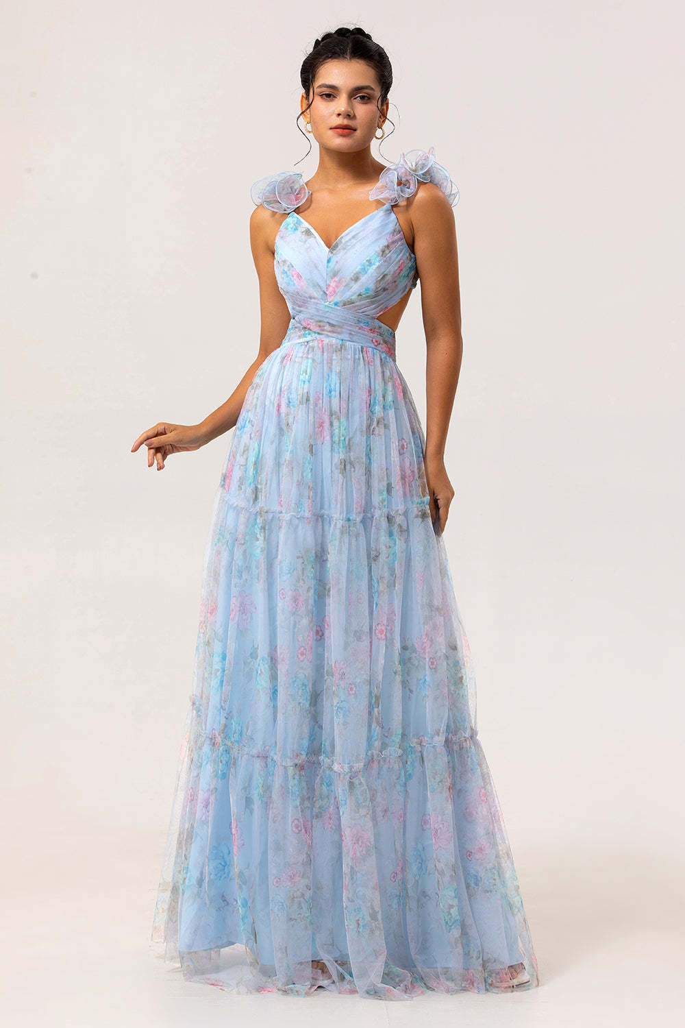 Leely Women Blue Floral Long Bridesmaid Dress A Line V-Neck Backless Summer Wedding Guest Dress