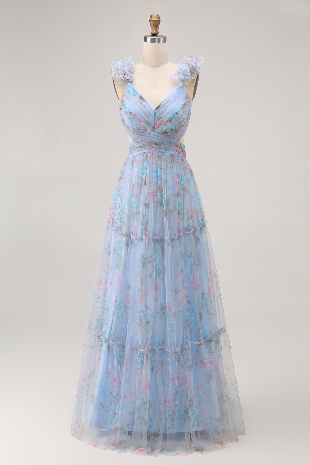 Blue A-Line V-Neck Floral Long Bridesmaid Dress with Ruffles