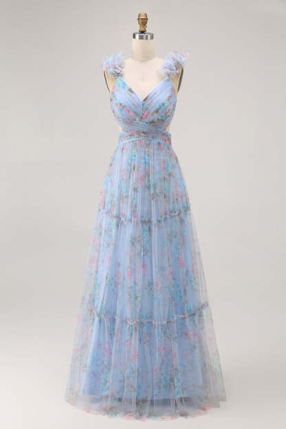 Blue A Line V-Neck Floral Long Bridesmaid Dress