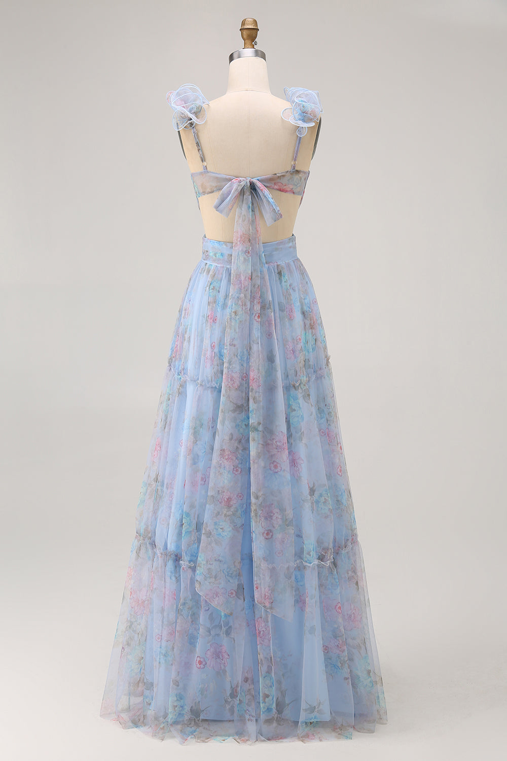 Blue A-Line V-Neck Floral Long Bridesmaid Dress with Ruffles