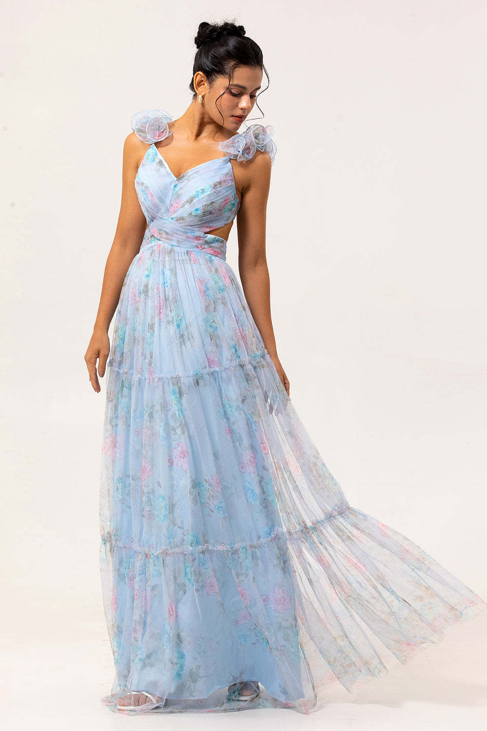 Blue A Line V-Neck Floral Long Bridesmaid Dress