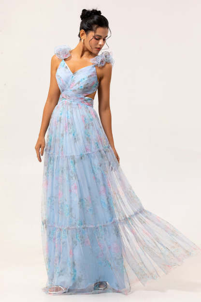 Blue A Line V-Neck Floral Long Bridesmaid Dress
