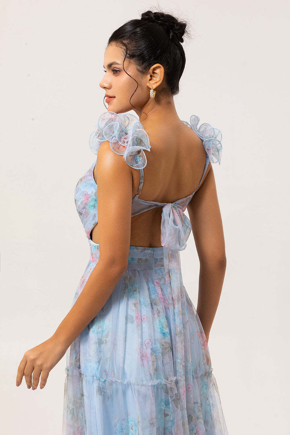 Blue A Line V-Neck Floral Long Bridesmaid Dress