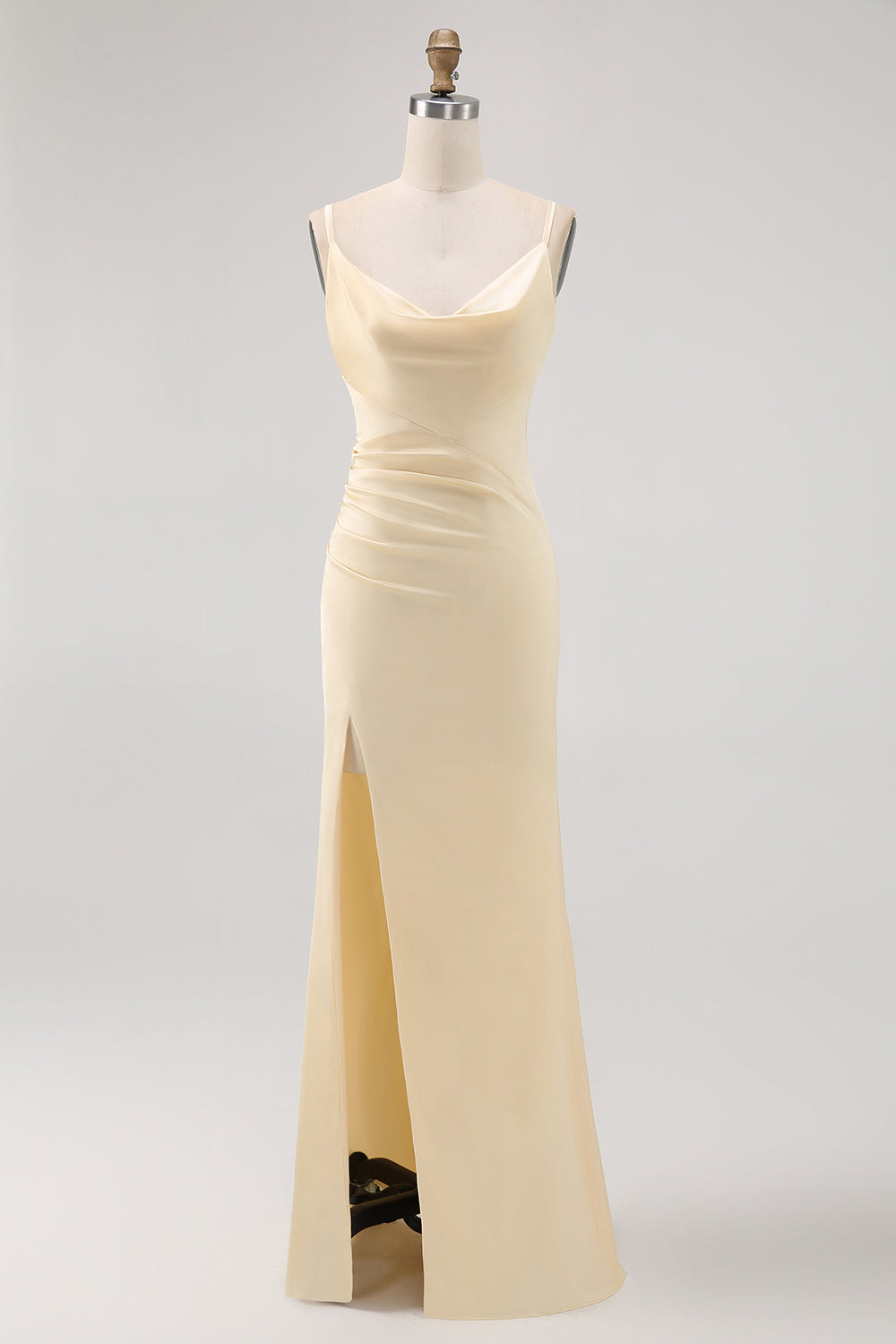 Leely Women Daffodil Satin Mermaid Long Wedding Guest Dress with Slit Ruched Spaghetti Straps Bridesmaid Dress