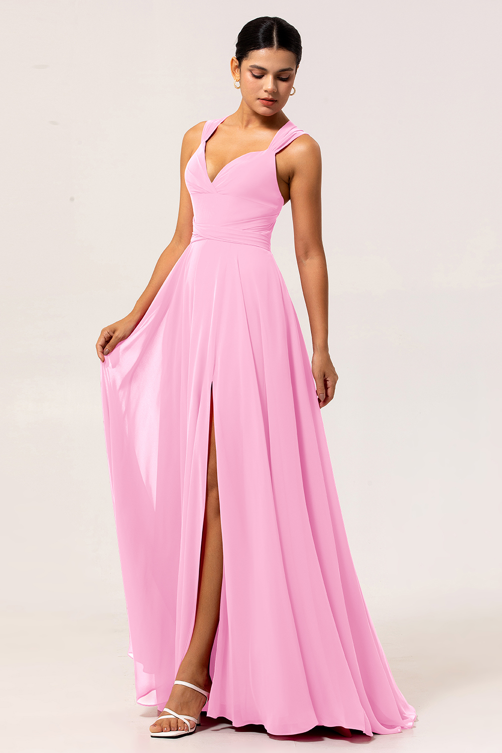 Fuchsia Chiffon A Line Maxi Bridesmaid Dress with Slit