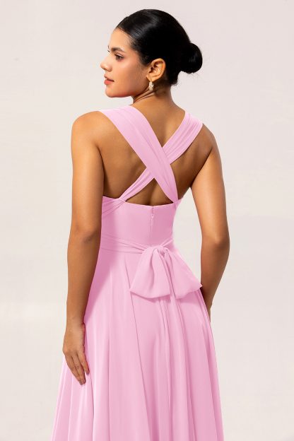 Fuchsia Chiffon A Line Maxi Bridesmaid Dress with Slit