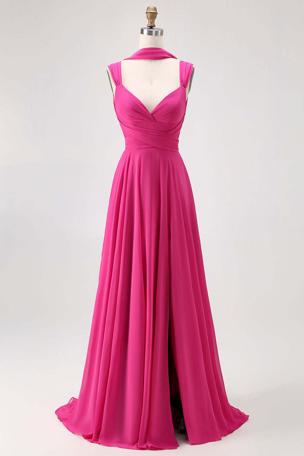 Leely Women Fuchsia Chiffon Maxi Bridesmaid Dress with Slit Straps A Line Wedding Guest Dress with Sash