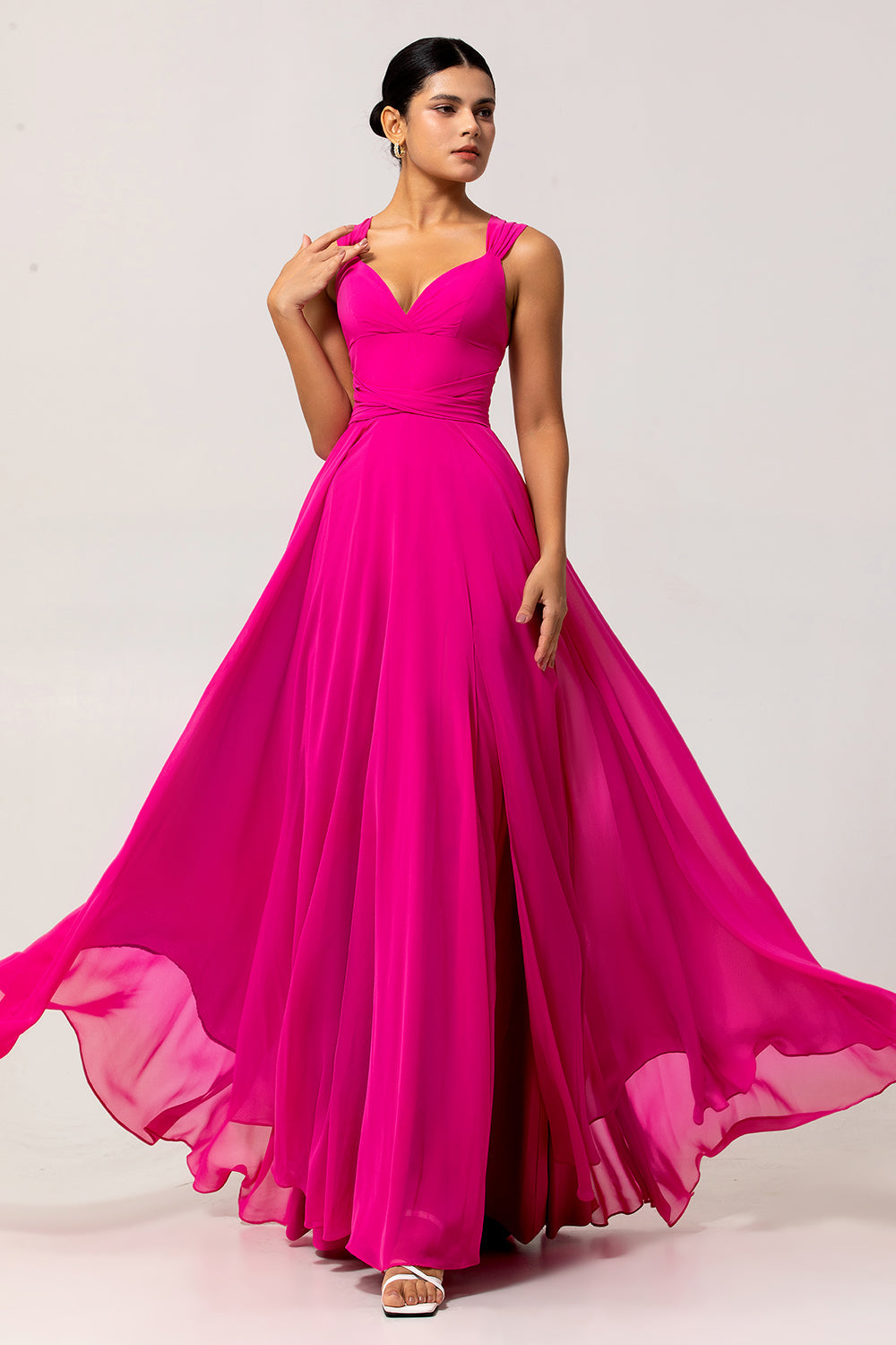 Fuchsia Chiffon A Line Maxi Bridesmaid Dress with Slit