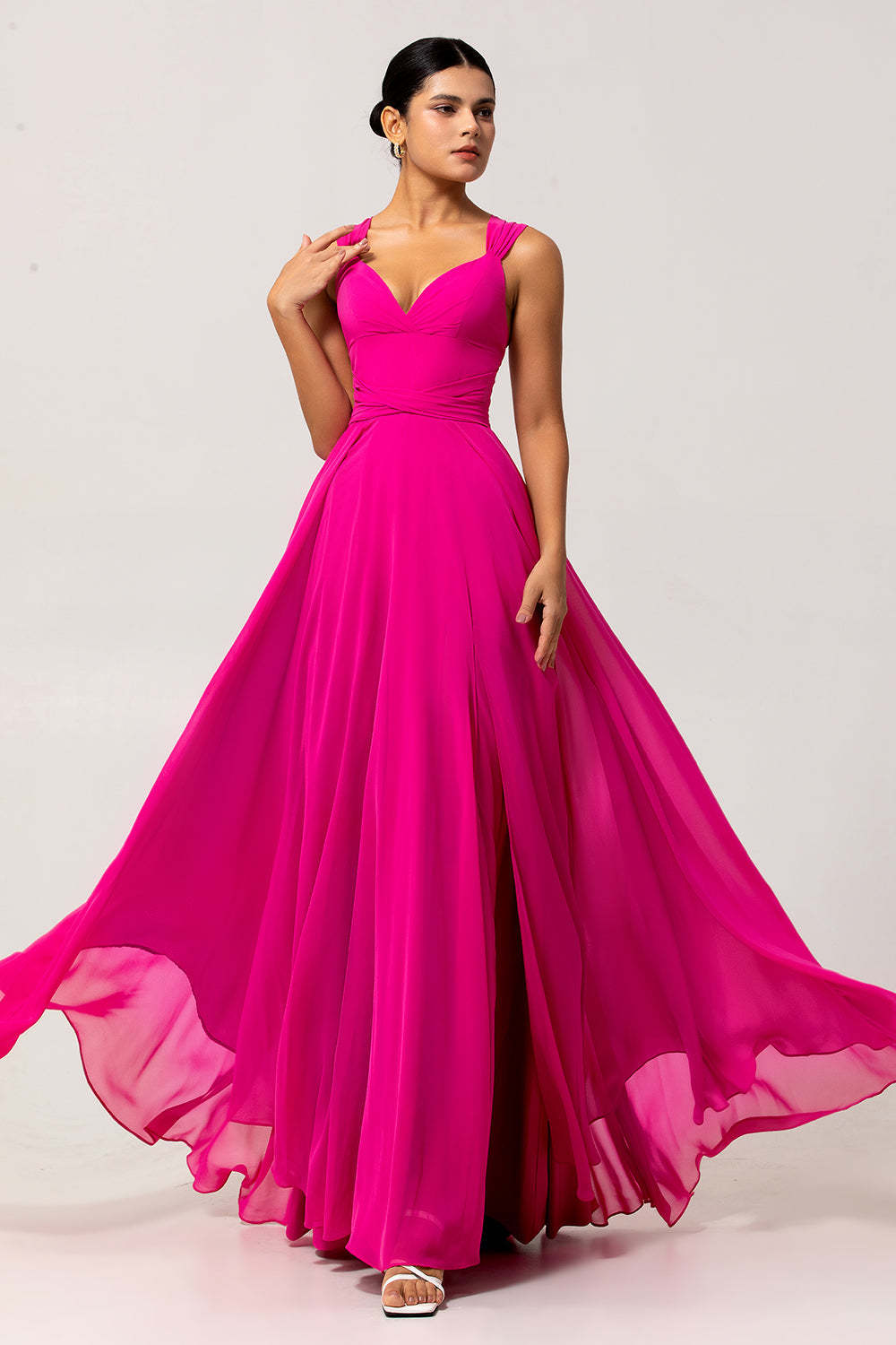 Fuchsia Chiffon A Line Maxi Bridesmaid Dress with Slit