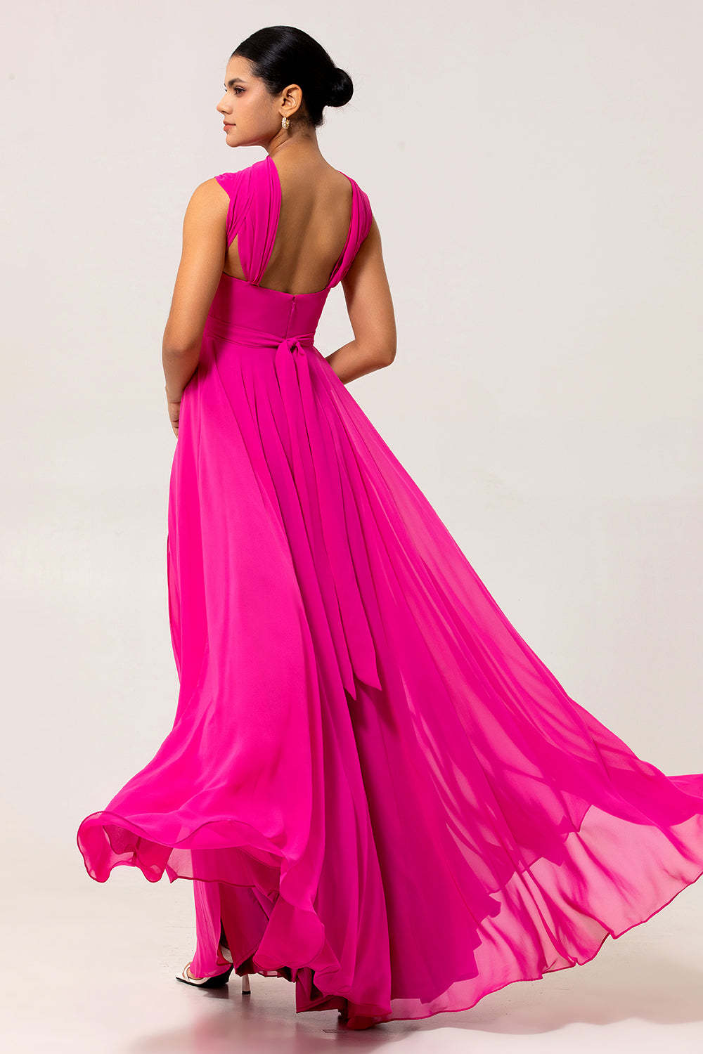 Fuchsia Chiffon A Line Maxi Bridesmaid Dress with Slit