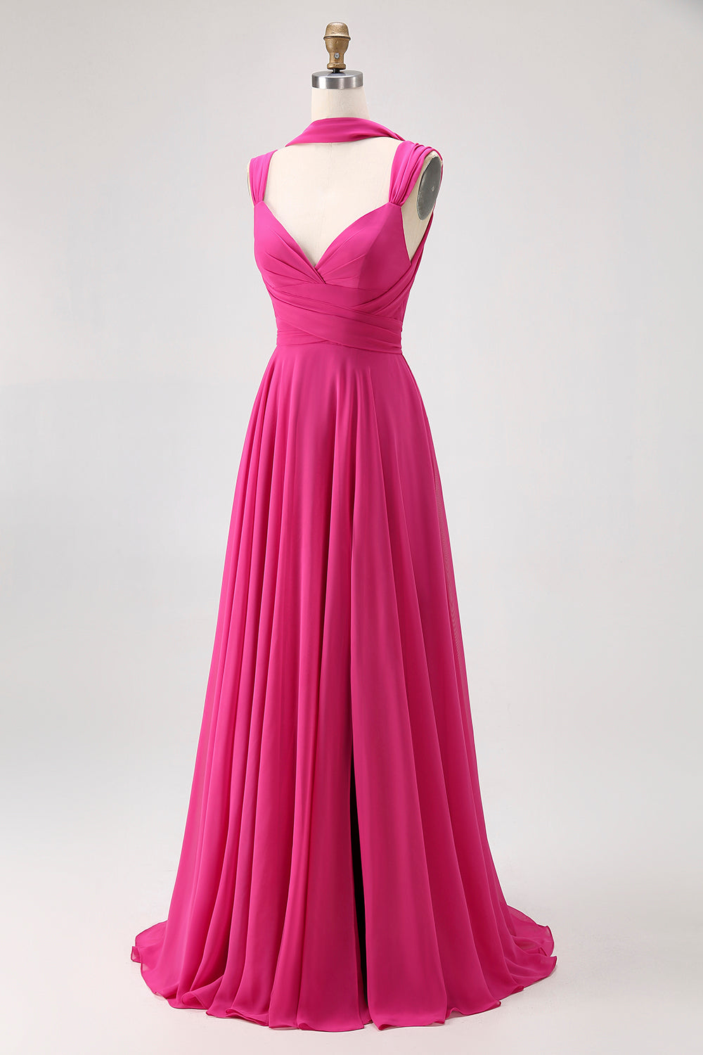 Fuchsia Chiffon A Line Maxi Bridesmaid Dress with Slit