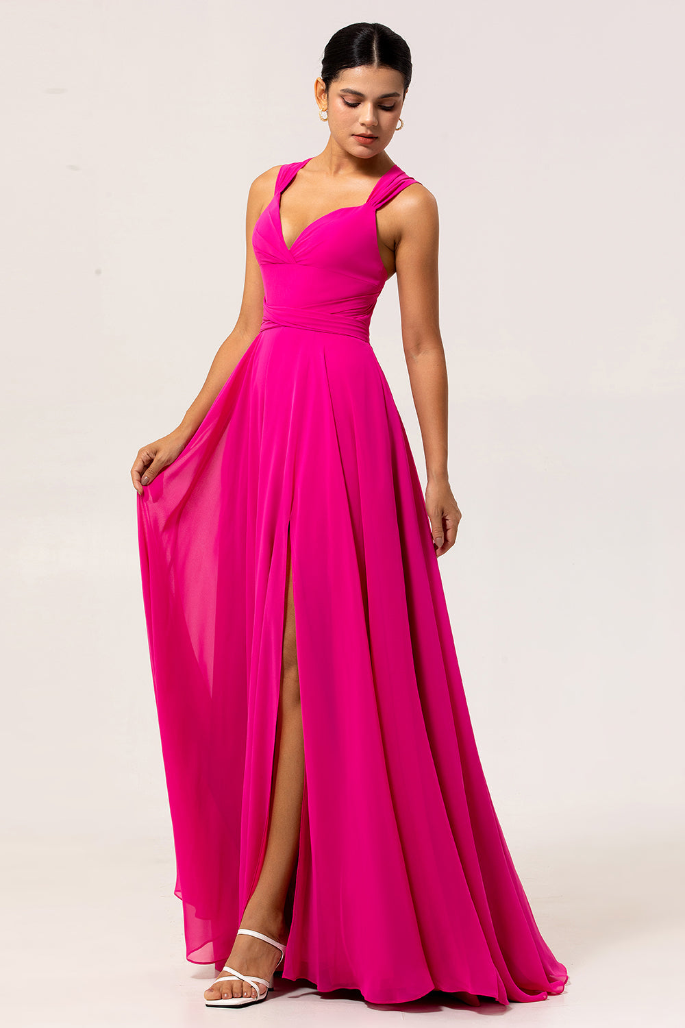 Fuchsia Chiffon A Line Maxi Bridesmaid Dress with Slit