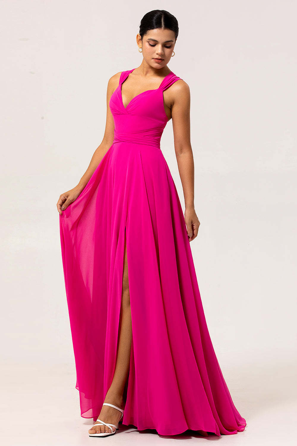 Fuchsia Chiffon A Line Maxi Bridesmaid Dress with Slit