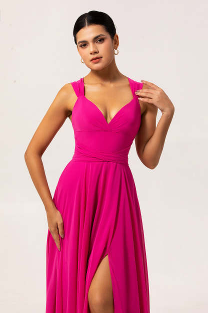 Fuchsia Chiffon A Line Maxi Bridesmaid Dress with Slit