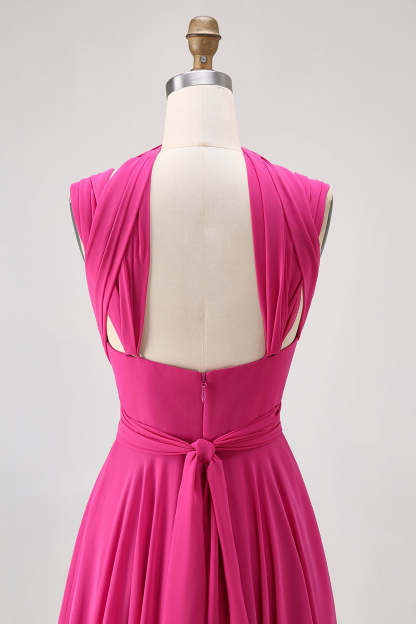 Fuchsia Chiffon A Line Maxi Bridesmaid Dress with Slit