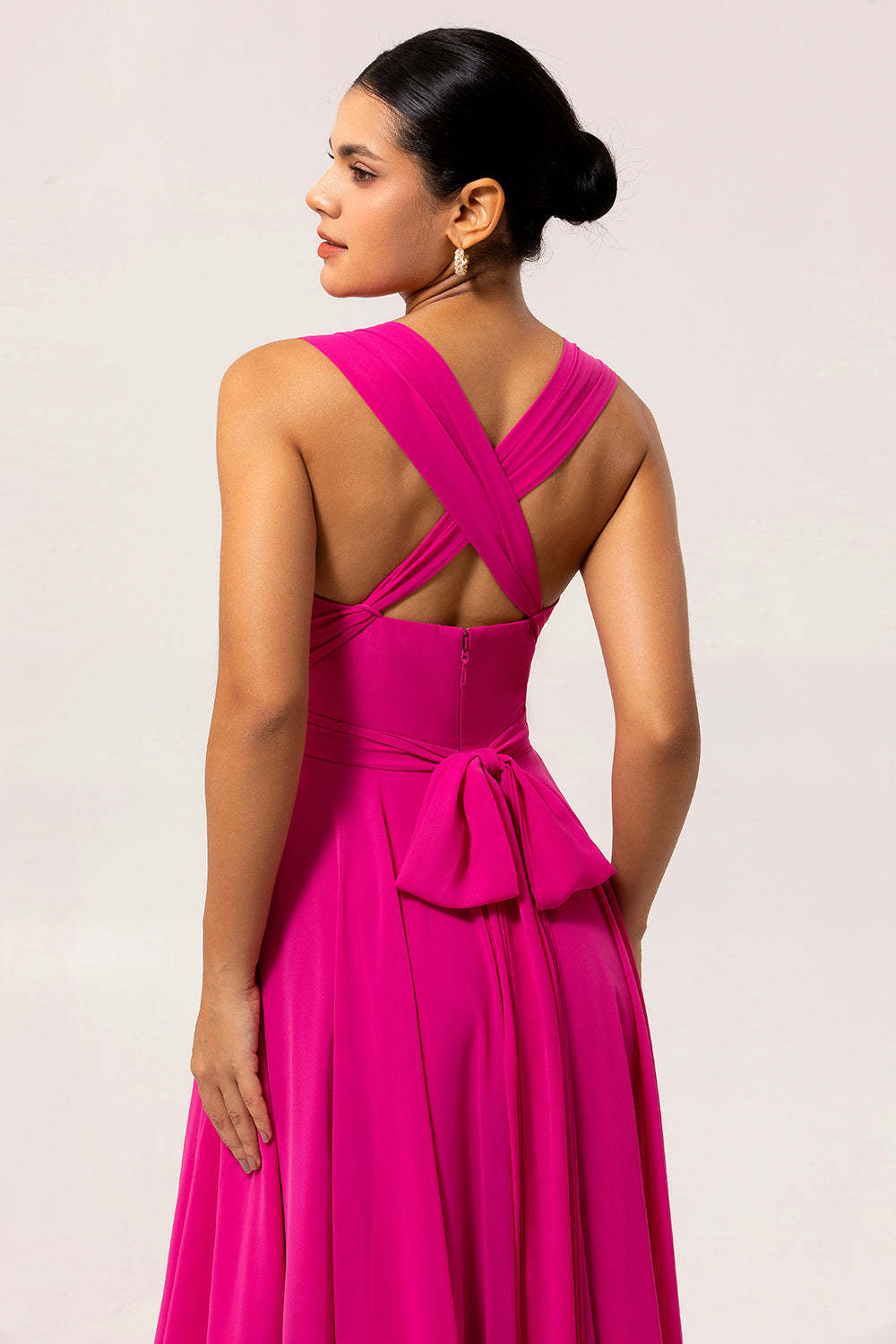 Fuchsia Chiffon A Line Maxi Bridesmaid Dress with Slit